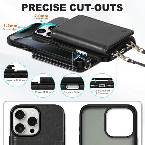 TUCCH Crossbody Wallet Case for iPhone 16 Pro (6.3), RFID Blocking [6 Card Slots][Detachable Adjustable Lanyard], Magnetic Flip Wallet PU Leather Shockproof Phone Cover for iPhone 16 Pro, Black