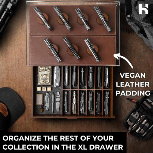 Premium Pocket Knife Display Case for 30 Knives - Large Wooden Knife Organizer, Storage & Holder with Unique Pillars, Hinged Cover, Drawer - Knife Collection Box - Handcrafted for Men