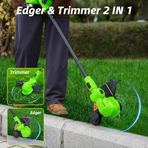GREEN 12-inch 20V Cordless String Trimmer with Charger, 2 X 2.0Ah Battery Powered Grass Mover with Auto Line Feed, 2 in 1 Lawn Edger with 8 Pcs Grass Cutter Spool Line and 2 Spool Cap, Green