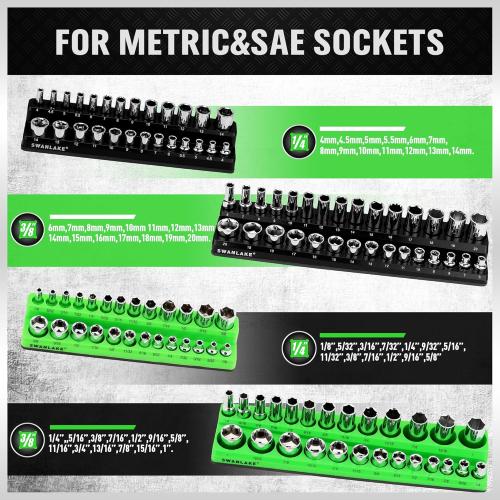 Set of 4 SWANLAKE GARDEN TOOLS 4-Piece Magnetic Socket Organizer Set, Metric & SAE Socket Holder Set Includes 1/4, 3/8 Drive Sockets Organizer, Magnetic Tool Trays for Tool Box Drawer (Sockets not included)