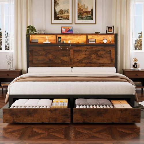 Incyneva Farmhouse Full Bed Frame with Bookcase Storage Headboard, Charging Station, LED Light and 2 Storage Drawers, Noise Free, No Box Spring Needed, Brown