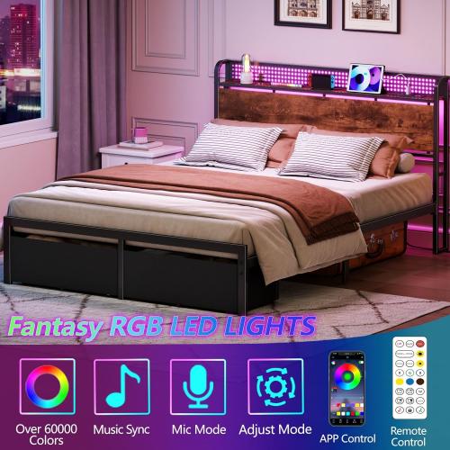 Furnulem Queen Size Bed Frame with Headboard Storage, Platform Bed Frame Queen Size with 2 Drawers, Charging Station and LED Lights, No Box Spring Needed, Noise Free, Easy Assembly (1200 lbs Capacity)