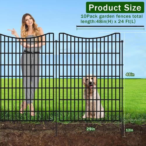 10 Panels Garden Fencing Animal Barrier with Gate, 48 in(H) X 23.6 ft(L) Dog Fence Outdoor for Yard, No Dig Temporary Tall Fence Rustproof Metal Wire Panel Border for Dog, Rabbits, and Patio