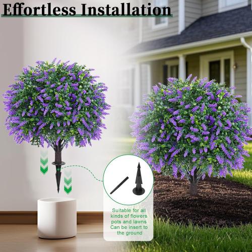 Artificial Lavender Topiary Ball Trees, 2 Set of UV Resistant Fake Evergreen Shrubs Bushes Plants with Ground Spike, Fake Plants for Outdoor Indoor Front Porch Garden
