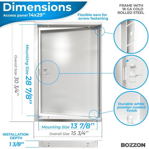 BOZZON Access Panel for Drywall 14 x 29 inch – Metal Door with Screwdriver Latch, 18 GA Steel Frame, Wall Hole Cover, Plumbing Access Door, White