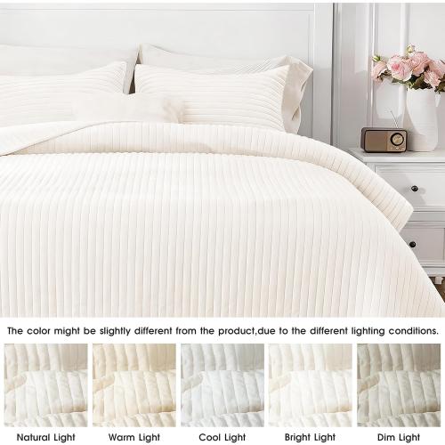 Velvet Quilt Set Queen Size, Soft Quilted Bedding Set, 2 Matching Pillow Shams, Lightweight Bed Cover Blanket for All Seasons (Ivory Cream, Queen)