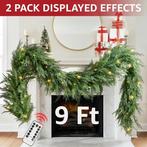 Christmas Cedar Garland Realistic with Lights - Cypress Decorations 9ft for Mantle Lighted Faux Pine Garlands for Xmas Home Decoration Indoor Stairs Railing Fireplace 9 Ft Outdoor Prelit Door Decor