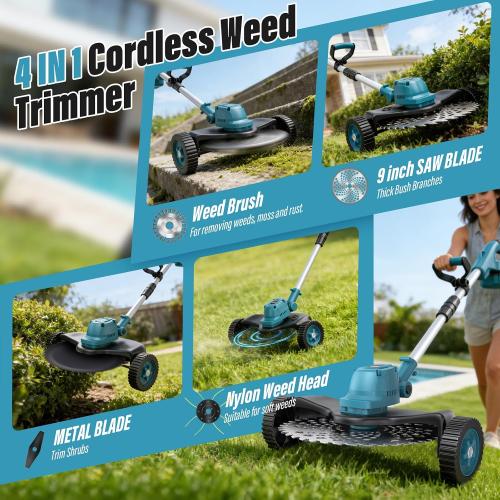 21000RPM Electric Weed Wacker Cordless-8000mAh, 1000W Weed Eater Battery Powered with Wheel, Adjustable Length, 4‑in‑1 Lightweight Grass Trimmer/Brush Cutter/Weed Trimmer/Edger Tool for Garden Yard