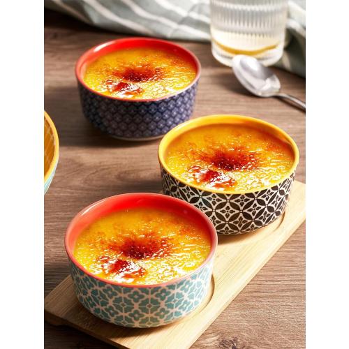 DOWAN Ramekins with Lids 4 oz Oven Safe for Creme Brulee Souffle, Ceramic Custard Cups for Baking, Small Bowls for Pudding Dip Ice Cream, Set of 6, Vibrant Colors