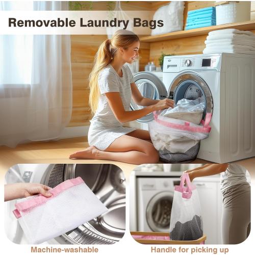 Hampers for Laundry Basket with Lid,  Extra Large 3 Section Clothes Divided Organizer for Bedroom, Laundry Room, Dirty Clothing Hamper, Pink