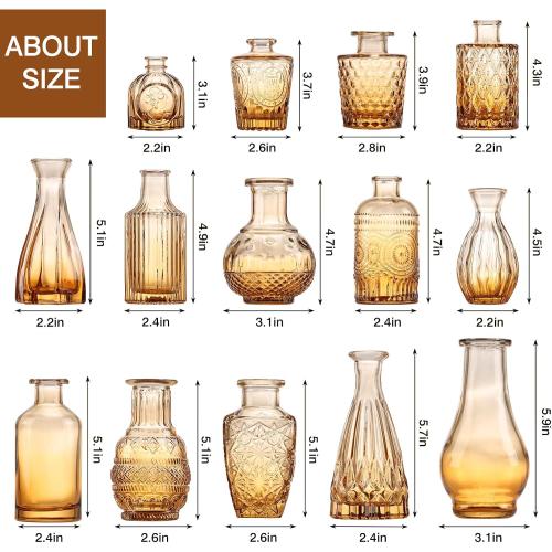 CUCUMI 14pcs Glass Bud Vase Set, Small Amber Vases for Centerpieces in Bulk, Vintage Glass Flower Vases for Wedding Home Table Party Decor