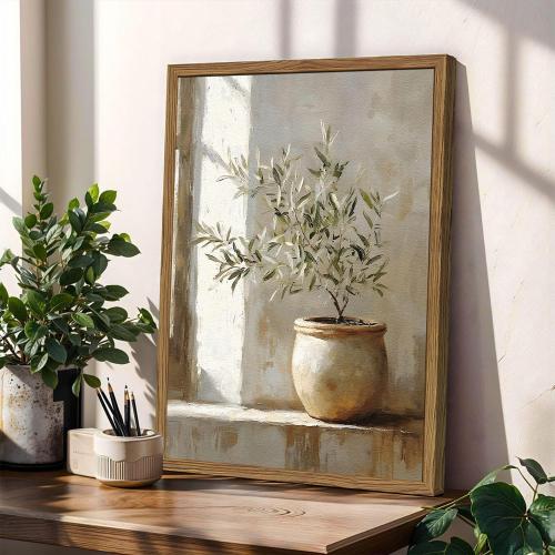 Framed Vintage Olive Tree Wall Art, Textured Sandstone Botanical Pictures Wall Decor, Rustic Neutral Potted Plant Paintings Prints Aesthetic Farmhouse Home Decor for Living Room Bedroom 16x24 inch