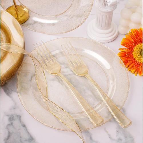 WELLIFE 150-Piece Gold Dessert Plates,Includes 50 Gold Glitter Party Plates,50 Cups & 50 Forks -Plastic Disposable Tableware Set for 50 Guests,Birthday Party,Wedding,Thanksgiving&Fall Decor