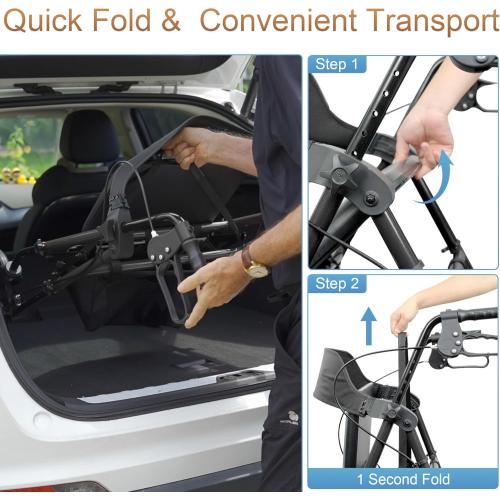 Rollator Walkers with Seat for Seniors, Foldable 8 Big Wheels All Terrain Rolling Walker, Handles and Ergonomic Seat Height Adjustable, 350 lb