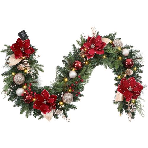 SHareconn 8.9FT Prelit Christmas Garland with Multi-Color LED Lights, Battery-Operated Timer, Includes Flower Ball Poinsettia for Mantle Fireplace Indoor Outdoor Xmas Decor, Red Champagne Gold, 8.9 FT