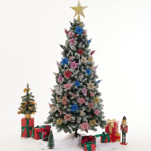 Zhuqing 22Pcs Christmas Poinsettia Artificial Flowers and Glitter Berries Stems Kit, 16Pcs Christmas Tree Flowers Ornaments and 6 Pack Christmas Tree Picks for Wedding Holiday Decorations (Champagne)