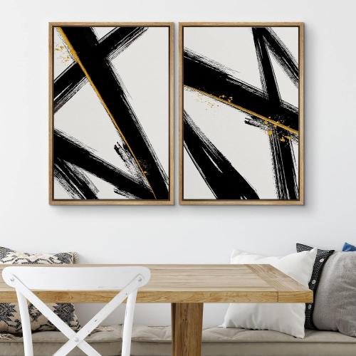 SIGNWIN Framed Canvas Print Wall Art Set Graffiti Black Gold Paint Stroke Collage Abstract Shapes Illustrations Art Decorative Contemporary for Living Room, Bedroom, Office - 16x24x2 Natural