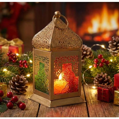 eSplanade Moroccan Lantern | Colored Glass Hanging Lamp | Tealight Holder | Home Decor | Red-Golden - 6.5 Inches (Multi-Golden)