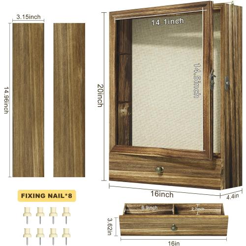 Picrit Large Brown Shadow Box Frame 16x20, 3.1 Deep Solid Wood Display Case with Removable Shelves & Drawers, Linen Back for Flowers, Pictures, Medals, Coins, Pins Collection, Memorial Gifts and More