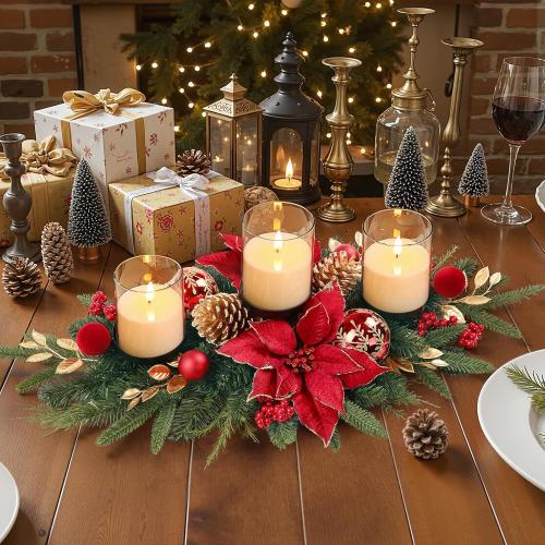 Alupssuc 28 Christmas Centerpiece with 3 Candle Holders Trays,Dining Table Decoration with Baubles, Pine Cones, Red Berries, Spruce Branches, Flower for Indoor Home Party Table Holiday Decor, 2 Pcs