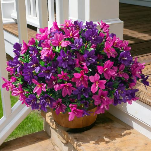 INSPRING Artificial Fake Flowers for Outdoors Fall Decoration, 3 Bundles Realistic Outdoor Faux Azalea Plants UV Resistant Silk Flowers for Outside Planter Patio Porch Garden Yard Home Decor
