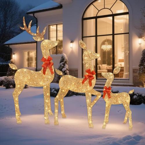 HOYECHI 5 FT Oversized Christmas Decorations Outdoor Lighted Reindeer – 3-Piece 2D Deer Family Set with 160 Warm White LED Lights for Yard, Lawn, Garden & Porch Holiday Display - Gold