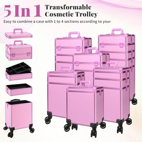 Rolling Makeup Train Case Large Storage Cosmetic Trolley 5 in 1 Large Capacity Trolley Makeup Travel Case with Key Swivel Wheels Salon Barber Case Traveling Cart Trunk, Pink