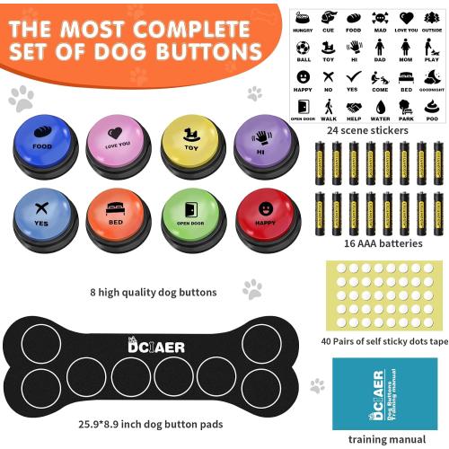 8 Pack Dog Buttons for Communication,Talking Buttons for Dogs,8 Recordable Sound Buttons   24 Scene Patterns   1 Dog Button Mat  16 AAA Batteries，30 Seconds Dog Buttons for Pet Sound Training Toy