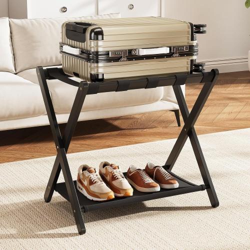 Fully Assembled Black Luggage Rack for Guest Room, Bamboo Folding Suitcase Stand with Fabric Storage Shelf, 5 Nylon Straps, Upgraded Luggage Rack Holder for Bedroom Hotel, Holds up to 165 Lbs, 1pcs