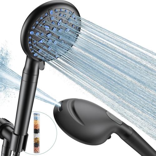 Color Black Veken Filtered Shower Head for Hard Water, 10 Layer Filters and 9 Unique Settings, Multi Sprayer Function Rainfall, Extra 70 Inchs Long Hose Extension, Rainfall Showerhead with Handheld (Matte Black)