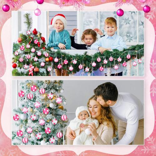 Lenwen 54 Pcs Christmas Balls Ornaments Mini Pink and White Christmas Tree Ornaments Xmas Striped Dots Shatterproof Plastic Hanging Ornaments for Tree Holiday Party Christmas Decorations, 1.18inch