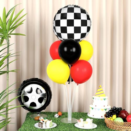 2 Pack Red Yellow and Black Race Car Party Balloons Stand Kit 2 Sets With 2 Checkered Foil Balloon Racing car Party Balloon Red Black Yellow Race Car Birthday Party Decor Set For Boys Let's go Racing New Year Party Decorations