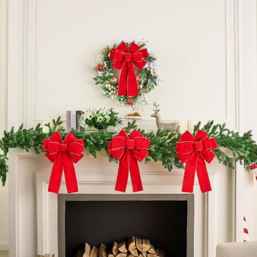 JOYIN 12 PCS Christmas Red Velvet Bows 14 x 12, Large Xmas Golden Edged Red Velvet Bow Tree Decor for Christmas Home Wreath Decoration
