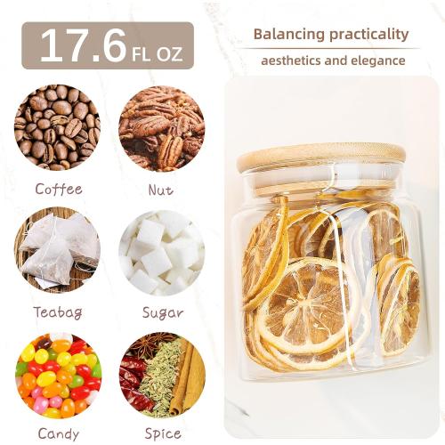 17.6 fl oz Glass Storage Containers with Lids,Candy Jar with Lid, Glass Food Storage Containers for Kitchen Counter, Pantry, Decorative Jar for Coffee, Sugar,Tea, Cute Jar (Bamboo 17.6 FL OZ)