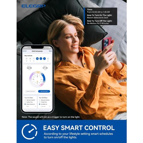 ELEGRP Smart Motion Sensor Switch, 2.4GHz Wi-Fi Single Pole Light Switch Works with Alexa & Google Assistant, APP Remote Control, Neutral Wire Required, UL Certified, No Hub Required (Black, 1 Pack)