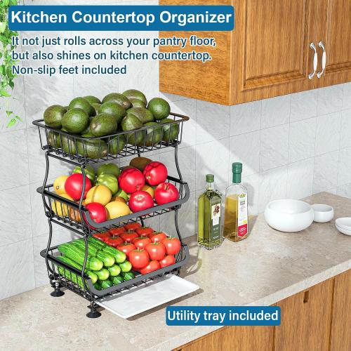 OKZEST 3-Tier Rolling Pantry Floor Organizers and Storage Cart with Wheels