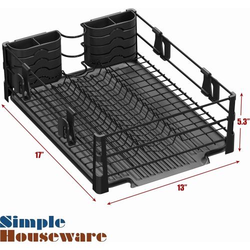 Simple Houseware Dish Drying Rack with Drainboard, Utensil Holder & Mug Hooks, Black Metal Kitchen Counter Organizer