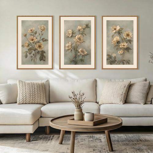 KAIRNE Vintage Botanical Flower Framed Canvas Wall Art Set,Boho Green Beige Floral Wall Decor,Rustic Wildflower Art Prints,Modern Minimalist Artwork for Living Room,Bedroom,Farmhouse,Office-16 x24 x3