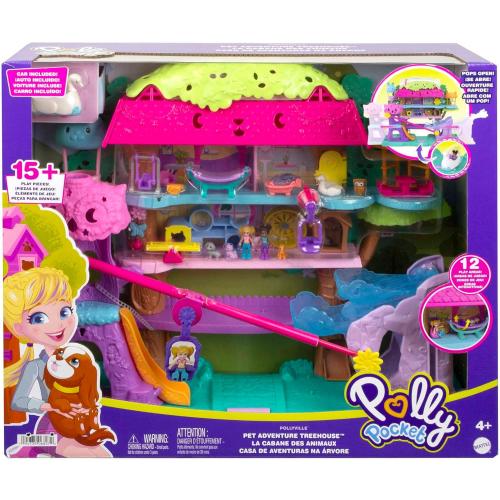 Polly Pocket Doll House with 2 Micro Dolls, Toy Car, Doll Furniture & 4 Pets, Expandable Pet Adventure House