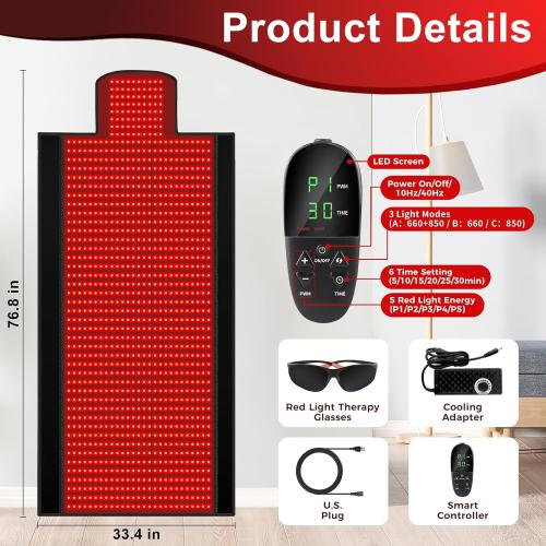 Red Light Therapy Mat, 2in1 LEDs (660nm& 850nm) Red Light Therapy Blanket, Premium Material, Adjustable Timer & Intensity