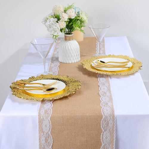 Tatuo 12 Pcs Lace Burlap Table Runner 12'' x 72'' Rustic Jute Hessian Farmhouse Country Vintage Romantic Fabric Cloth for Wedding Birthday Thanksgiving Party(Lovely)