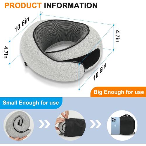 burfocus Advanced Neck Travel Pillow | 100% Pure Memory Foam, Designed for The Comfort of Travel & Office, Travel Pillow for Plane, Car, Home, Work, Dark Grey