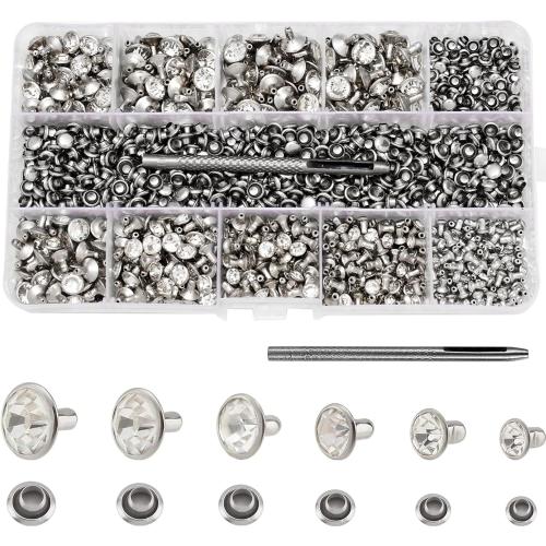 RUBYCA 600 Sets Czech White Clear Crystal Rhinestone Rapid Rivets Silver Color Metal Studs DIY LeatherCraft Kit for Clothing, Wedding, Art and Crafts with a Leather Hole Punch Tool