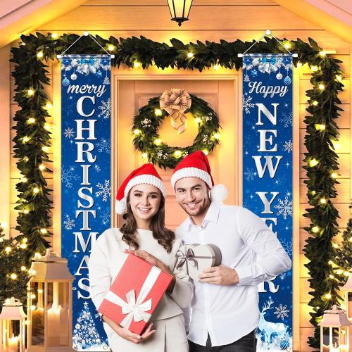 Blue Christmas Porch Banner - Merry Christmas Door Decorations for Blue Holiday Xmas Party