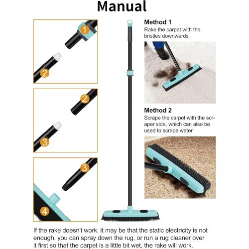 Rubber Broom Carpet Rake for Pet Hair Removal, Fur Remover Broom with 59 Telescoping Long Handle, Pet Hair Broom with Squeegee for Carpet, Hardwood Floor, Tile