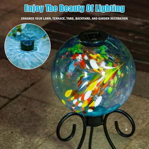 VCUTEKA Solar Gazing Ball, 10 Glass Gazing Balls Sphere with Solar Light for Garden Lawn Outdoor Ornament Yard Decorative, Swirl Lights