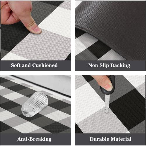 MAYHMYO 2 PCS Anti Fatigue Rugs Non Skid Waterproof Floor Mat Cushioned Black and White Buffalo Plaid Farmhouse Comfort Standing Kitchen Mats for Floor, House, Sink, Office, 17.3x29 17.3x47