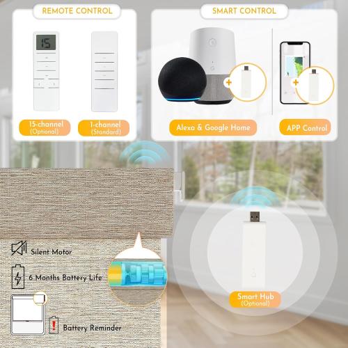 Persilux Smart Motorized Blinds with Remote, No Drill Automatic Roller Shades for Indoor Windows, Light Filtering Linen Fabric, Electric Blinds for Windows, Linen Light Brown C156-3, Custom Size