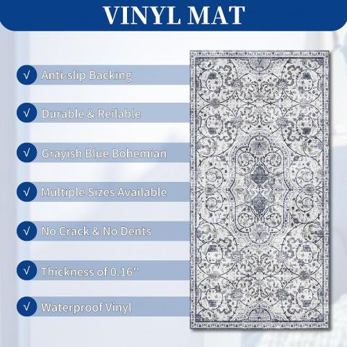 SALLOUS Runner Rug for Hallway, 6x2ft Vinyl Floor Mat for Hallway, Non-Slip Kitchen Mat for Home, Waterproof Area Rug for Bathroom, Entryway (Grayish Blue, Bohemian-Style)