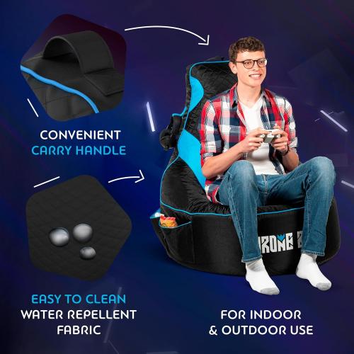 Throne Boss Gaming Bean Bag Chair Cover for Adults with High Back, Blue – Large Floor Gaming Chair Cover, Easy to Clean Fabric, Large Pockets, Headphone Hanger, Requires 350 Liters Polystyrene Beans
